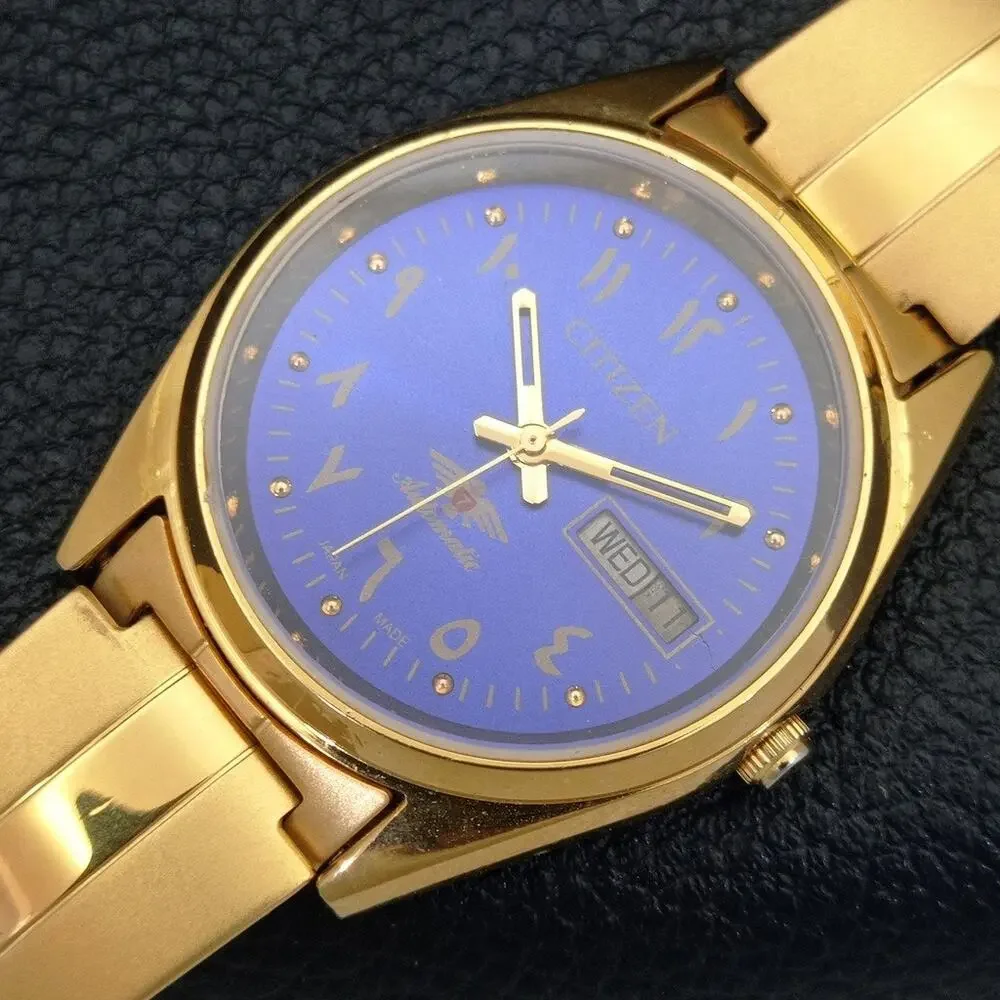 Vintage 1995 Arabic Citizen Automatic Mens Gold Watch W/daydate & Blue accents